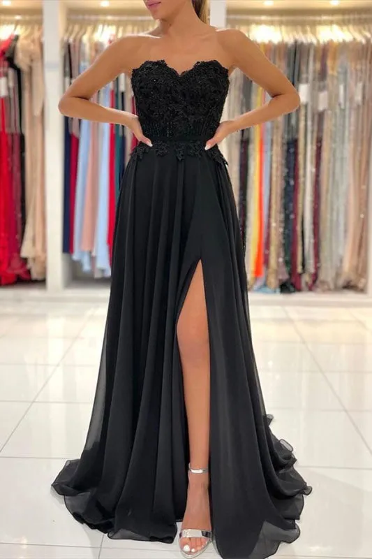 Black Sweetheart Prom Dress With Split Appliques