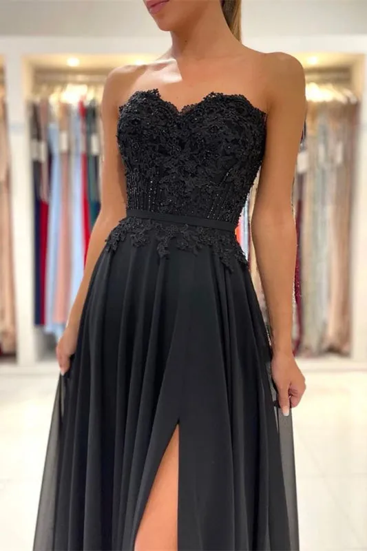 Black Sweetheart Prom Dress With Split Appliques