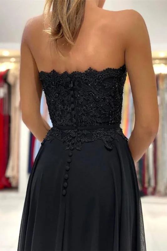 Black Sweetheart Prom Dress With Split Appliques