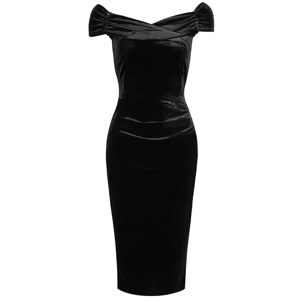 Black Velour Cap Sleeve Crossover Top Bardot Wiggle Dress