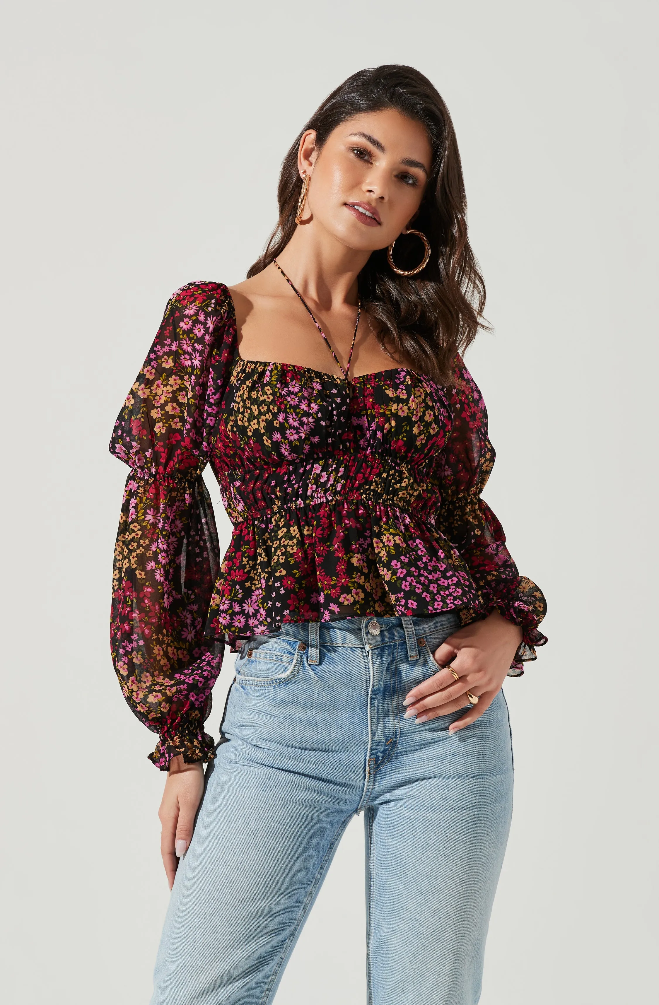 Bloomfield Floral Halter Long Sleeve Top