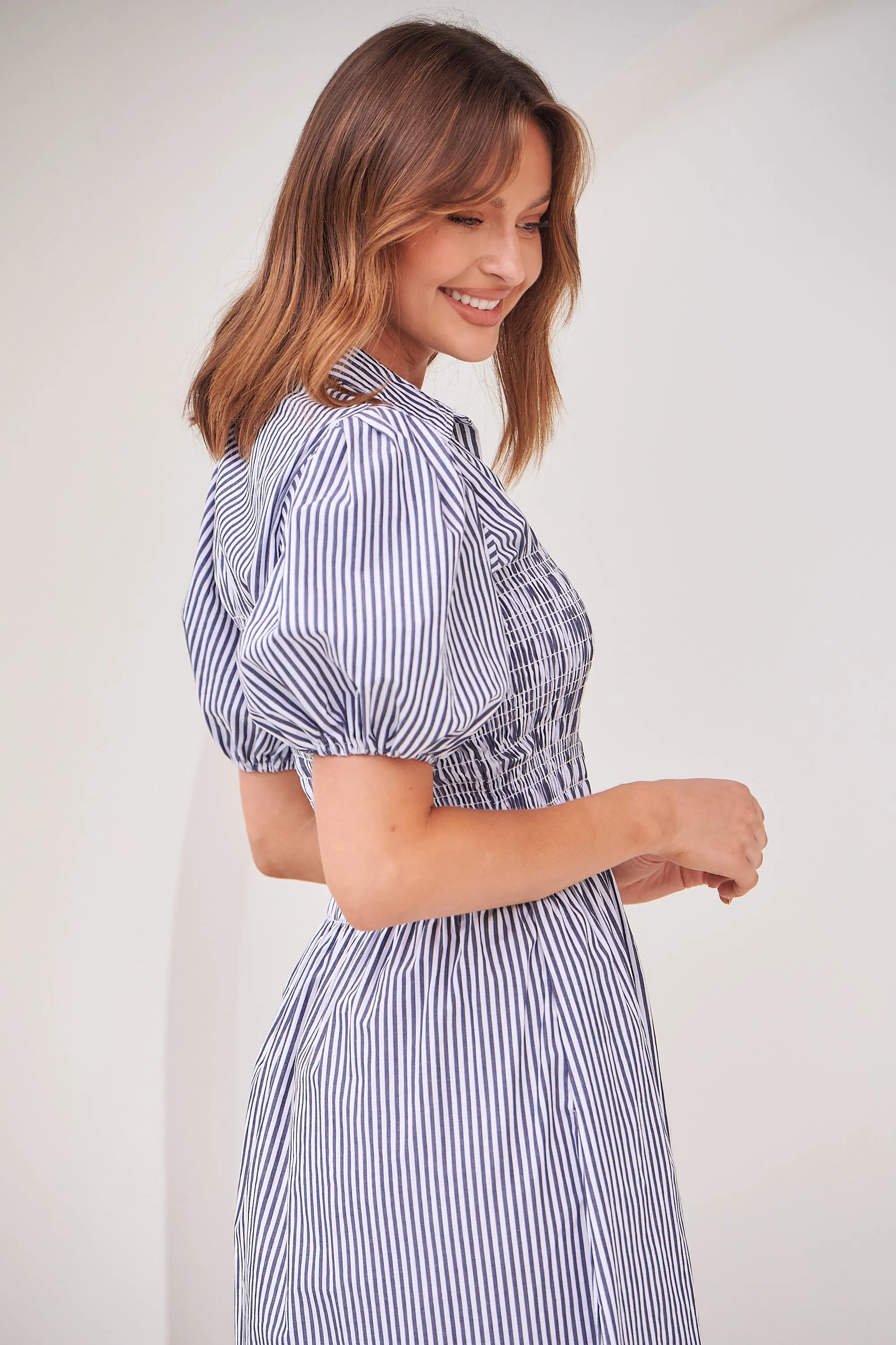 Blu Collared Blue/White Striped Button Front Midi Dress