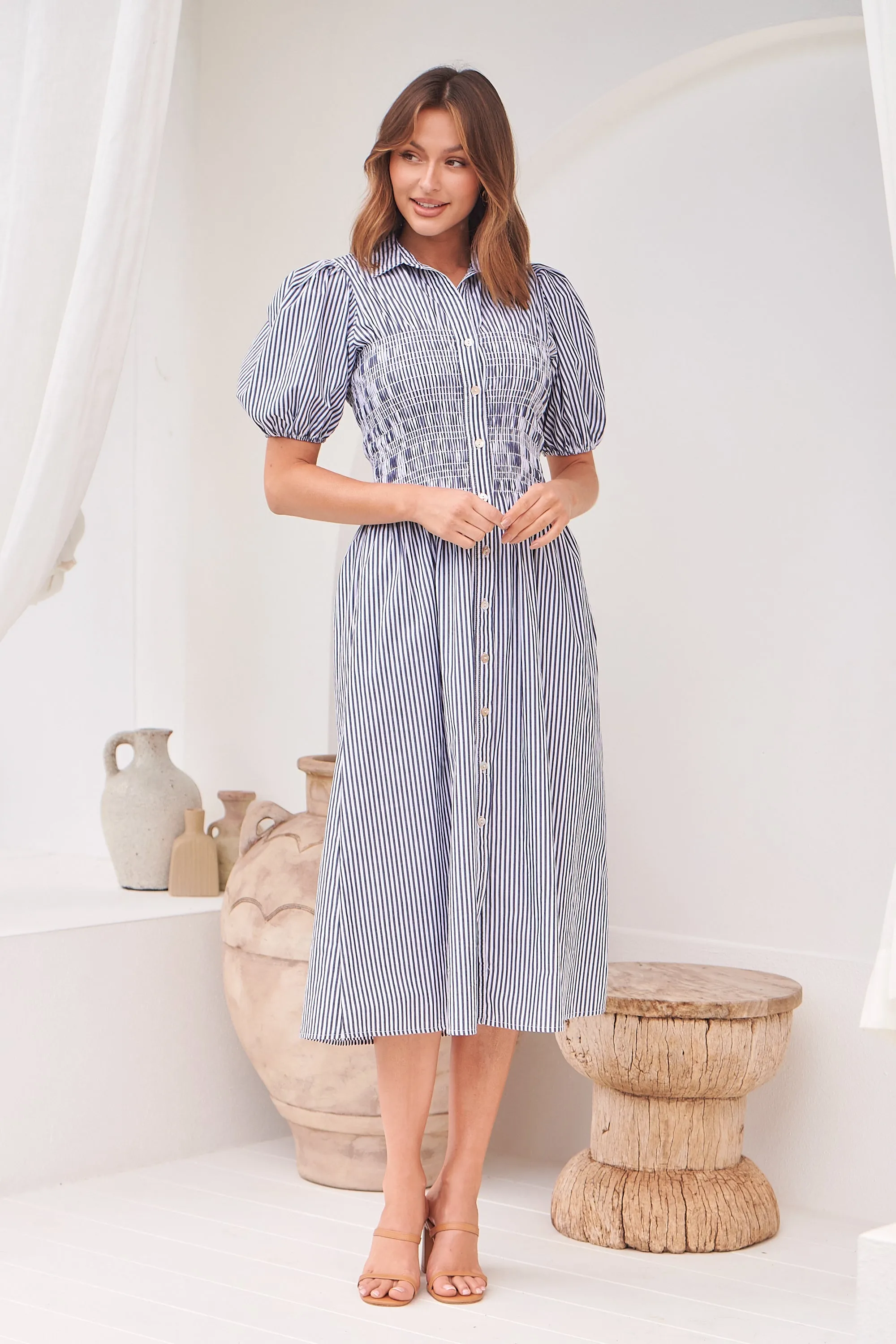 Blu Collared Blue/White Striped Button Front Midi Dress