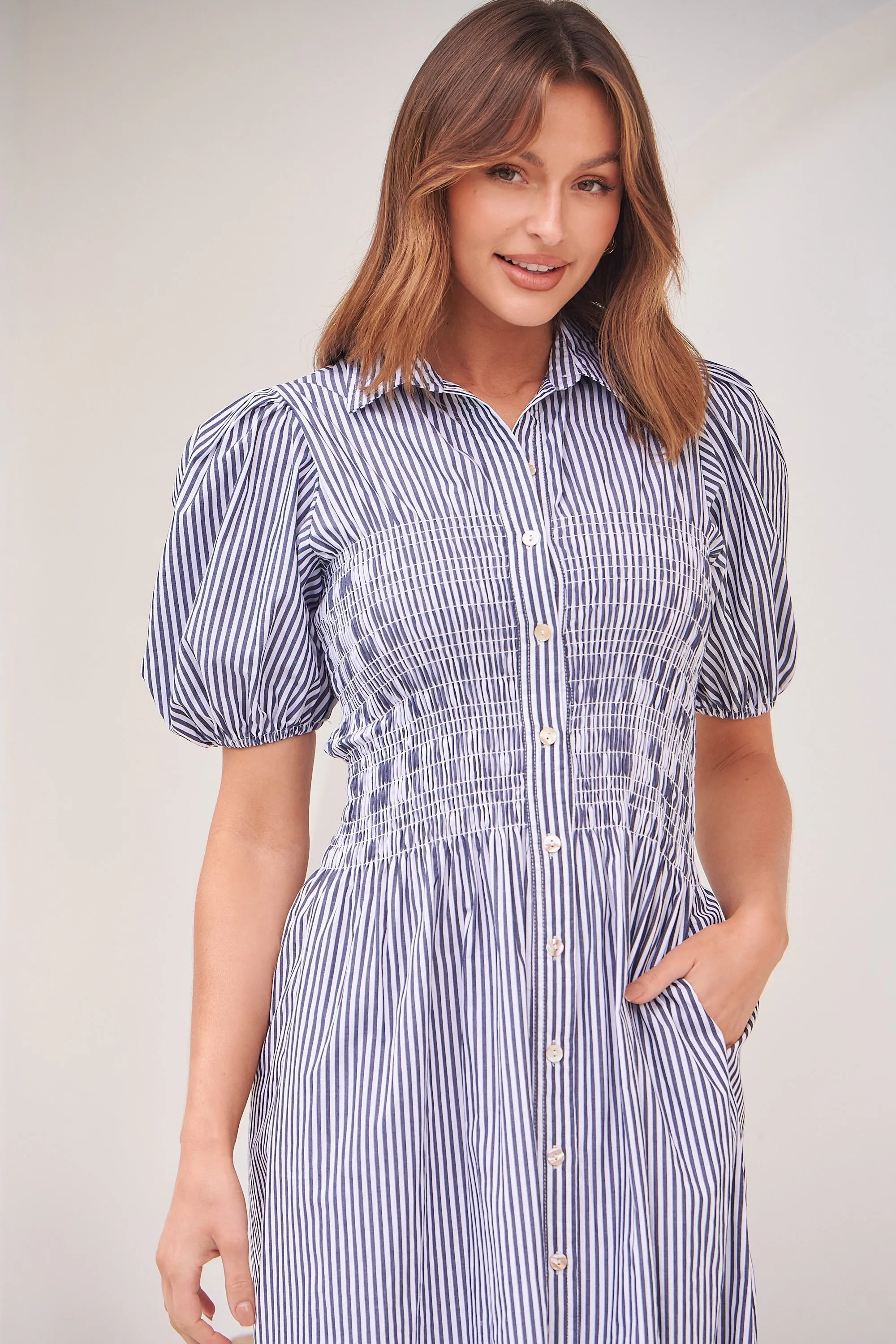 Blu Collared Blue/White Striped Button Front Midi Dress