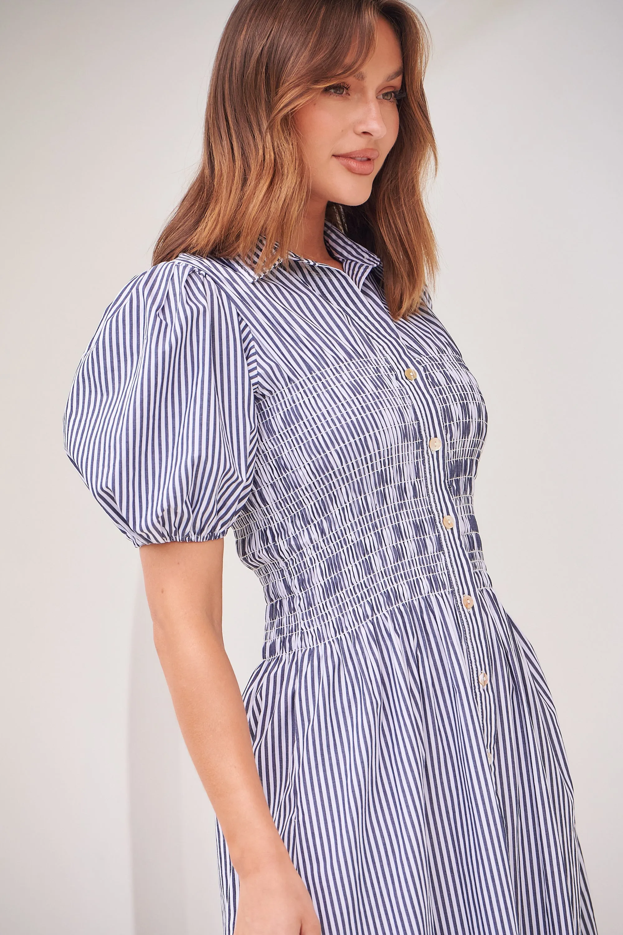 Blu Collared Blue/White Striped Button Front Midi Dress