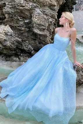 Blue Long A-line Backless Tulle Sequins Backless Prom Dress