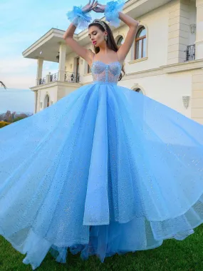 Blue sweetheart neck tulle sequin long prom dress, blue evening dress