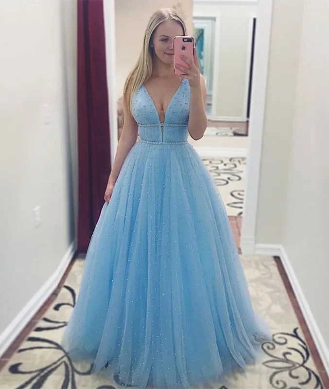 Blue tulle long prom dress, blue beads tulle long prom dress