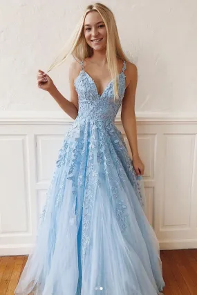 Blue v neck tulle lace long prom dress, blue tulle bridesmaid dress