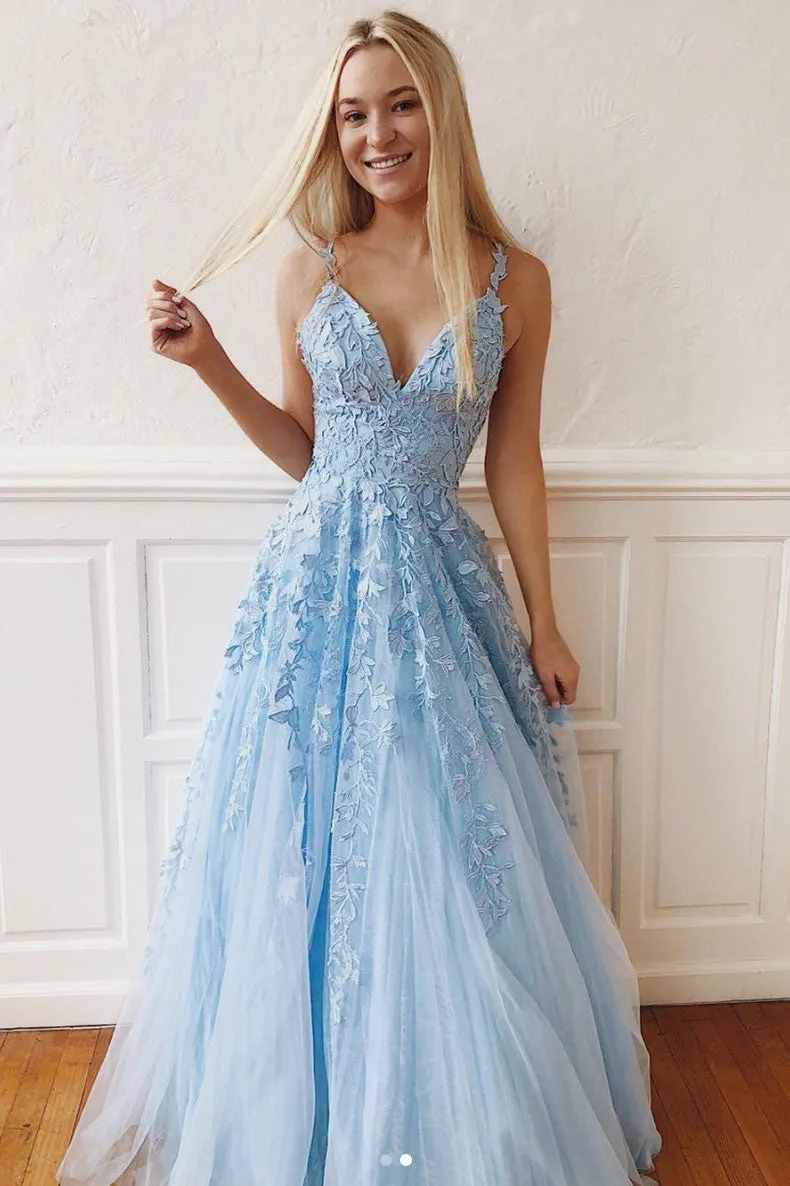 Blue v neck tulle lace long prom dress, blue tulle bridesmaid dress