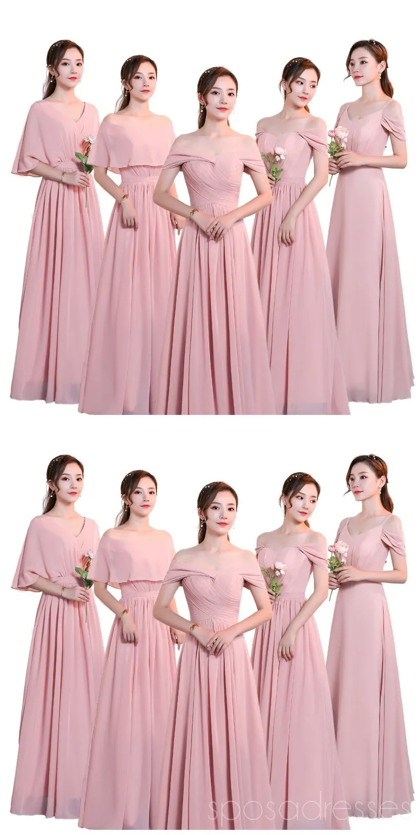 Blush Pink Floor Length Mismatched Chiffon Cheap Bridesmaid Dresses, WG534