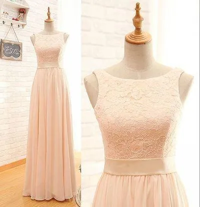 Blush Pink Lace Chiffon Scoop Sleeveless A-Line Zipper Floor-Length Long Bridesmaid Dresses