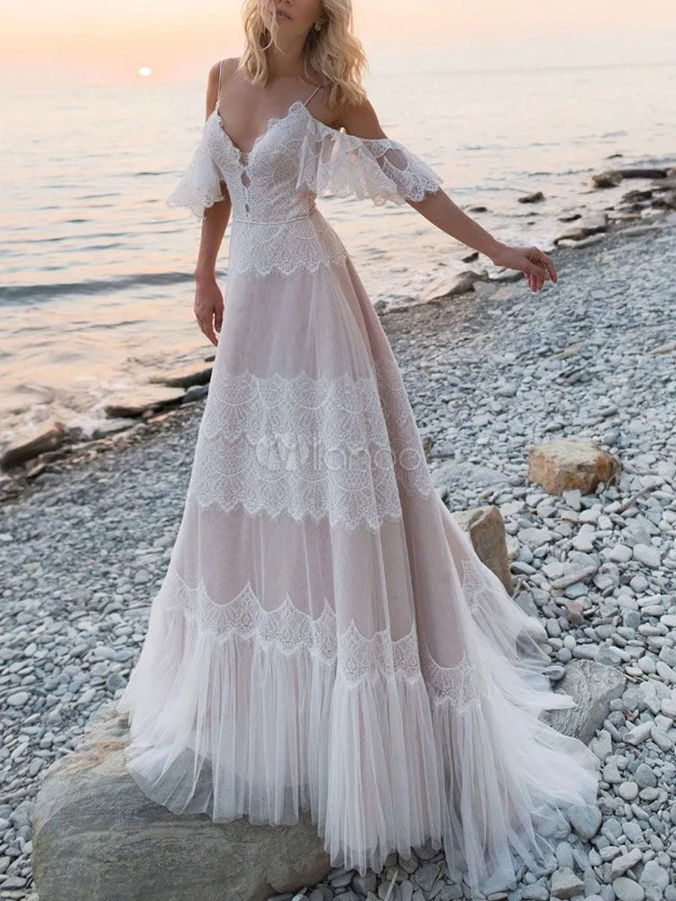 Bohemia Charming Long Lace Beach Wedding Dresses