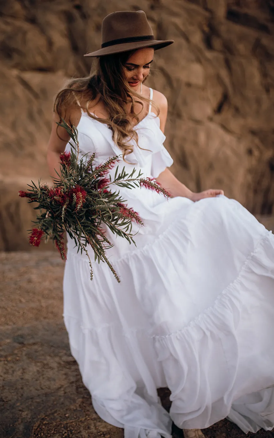 Bohemian Chiffon Spaghetti A Line Sleeveless Sweep Train Wedding Dress with Ruffles and Open Back-715910