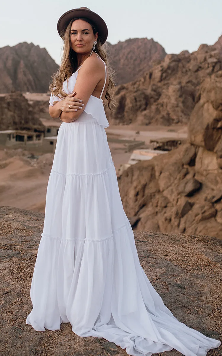 Bohemian Chiffon Spaghetti A Line Sleeveless Sweep Train Wedding Dress with Ruffles and Open Back-715910