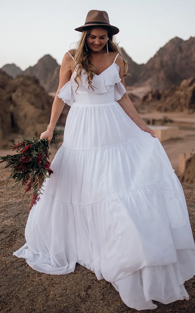 Bohemian Chiffon Spaghetti A Line Sleeveless Sweep Train Wedding Dress with Ruffles and Open Back-715910