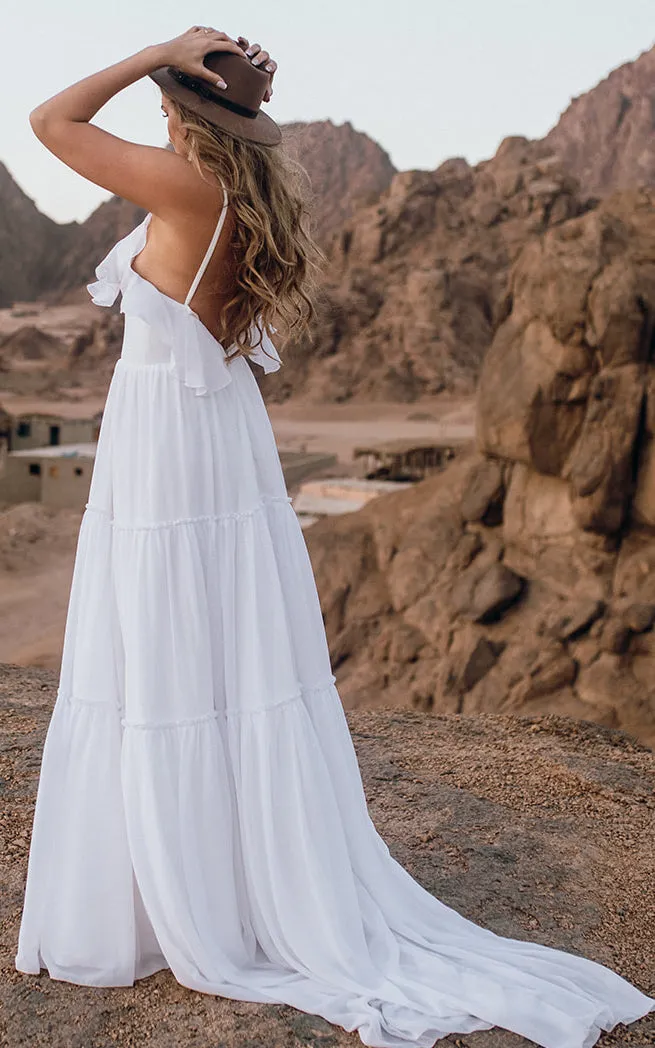 Bohemian Chiffon Spaghetti A Line Sleeveless Sweep Train Wedding Dress with Ruffles and Open Back-715910