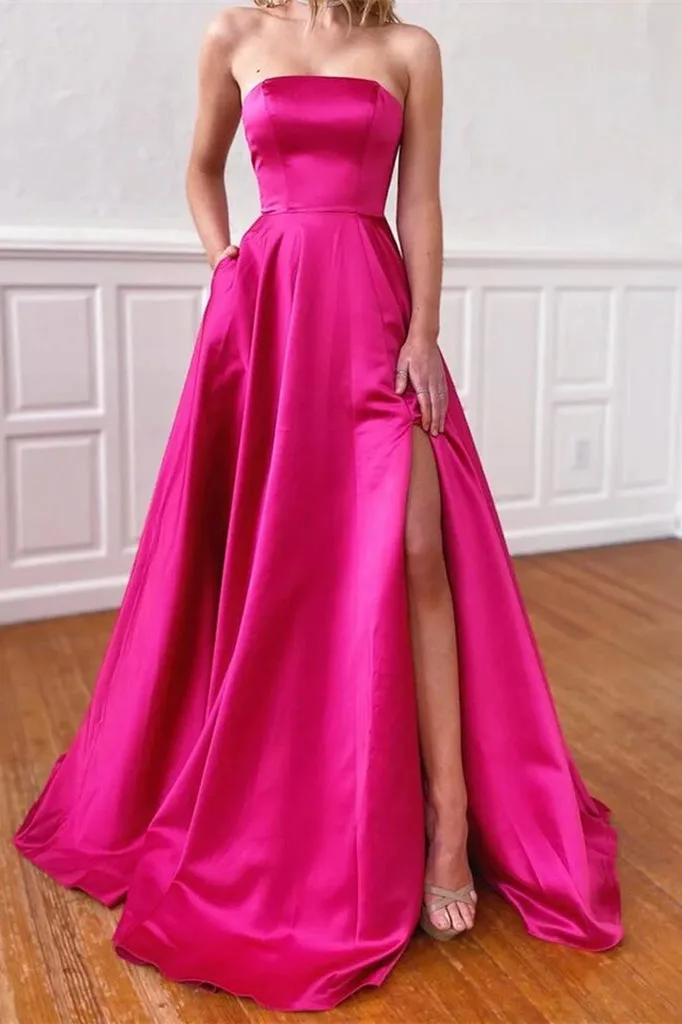 Bold Fuchsia Prom Gown with Side Split and Convenient Pockets