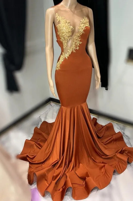 Brown Mermaid Long Prom Dress with Sleeveless Tulle and Appliques