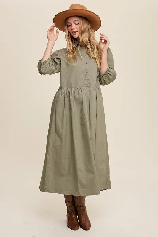 Button Front Puff Sleeve Babydoll Maxi Dress