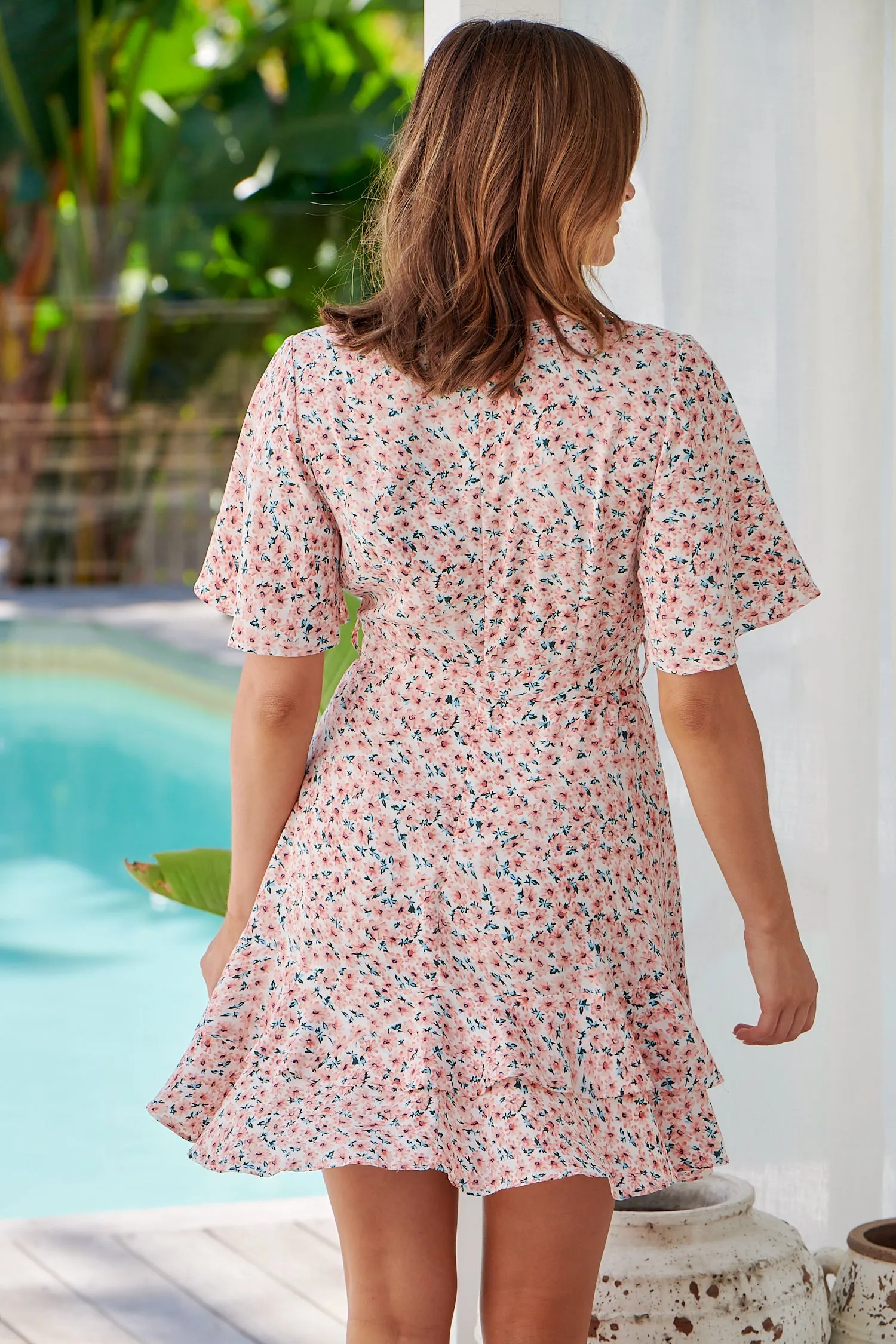 Callie Coral Pink Floral Short Sleeve Tie Waist Dress