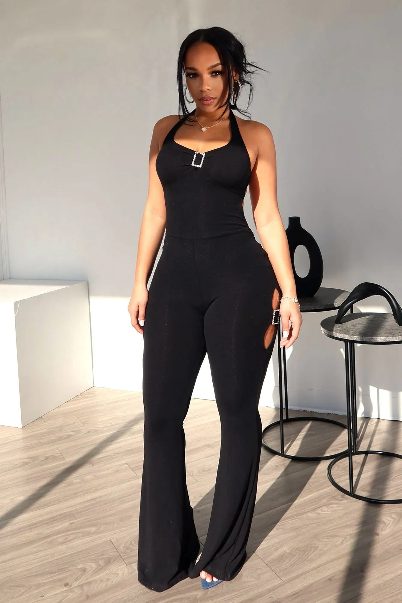 Casual Effect Halter Rhinestone Buckle Jumpsuit