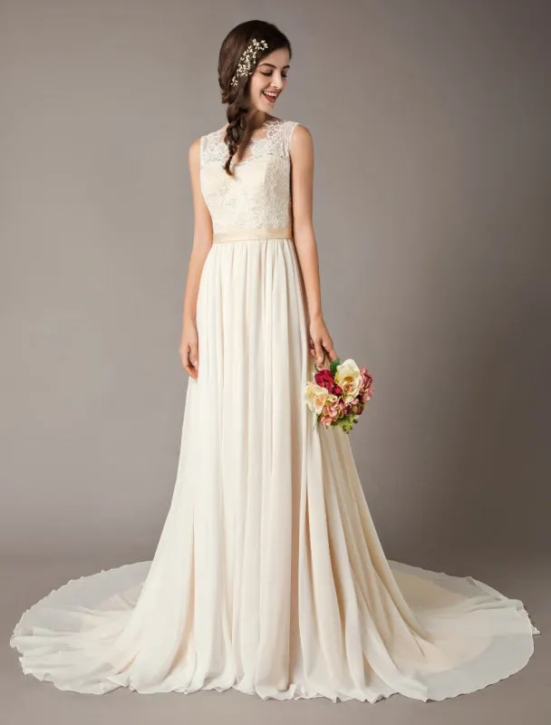 Champagne Wedding Dresses Beach Lace Chiffon V Neck Bridal Dress