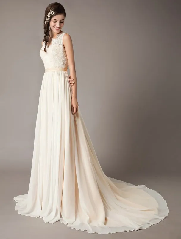 Champagne Wedding Dresses Beach Lace Chiffon V Neck Bridal Dress