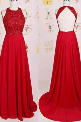 Charming O-Neck Beading A-Line Red Floor-Length Chiffon Backless Prom Dresses