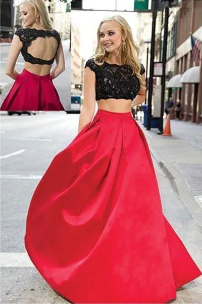 Charming Red And Black Two Pieces Lace Floor Length Prom Dresses Evening Dresses