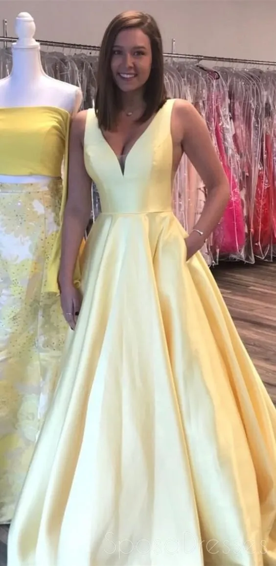 Cheap Yellow V-Neck A-line Long Evening Prom Dresses, Cheap Party Custom  Prom Dresses, 18616