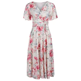 Cream Pink Floral Print Cap Sleeve V Neck Wrap Top Swing Dress