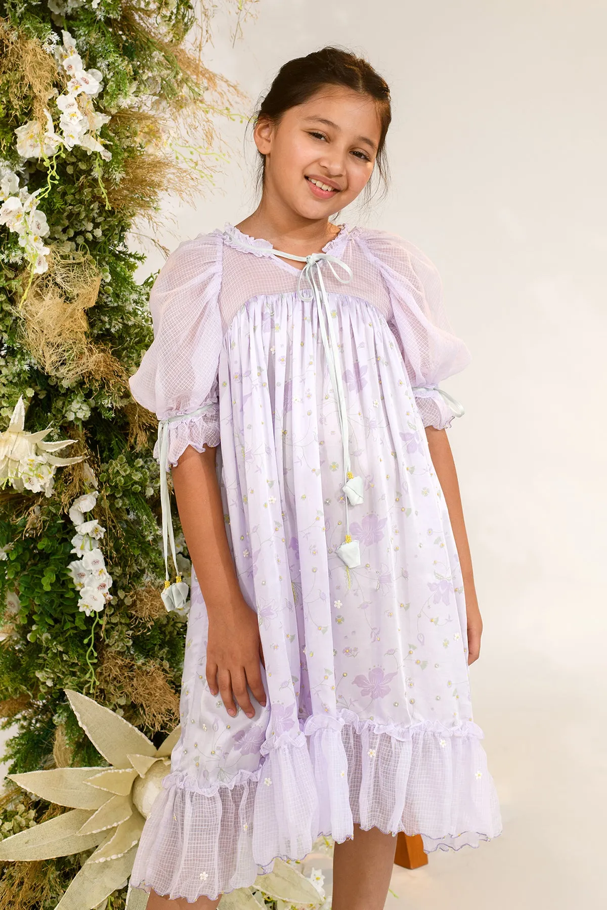 Curio Cabinet- Puff Self Tie Sleeves Dress For Girls