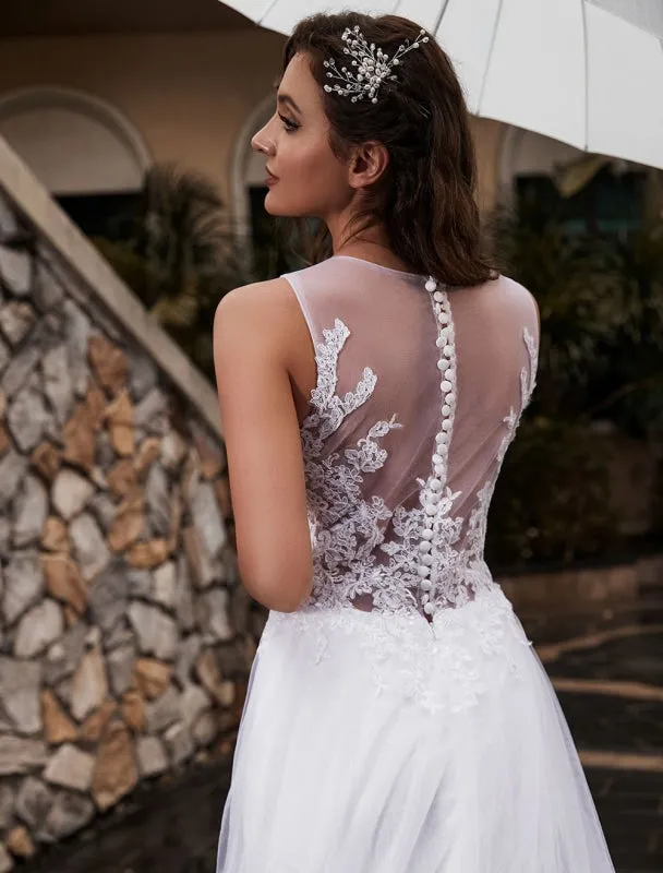 Customize Wedding Dress Lace Tulle A-Line Jewel Neck Sleeveless Natural Waist With Train Bridal Dresses