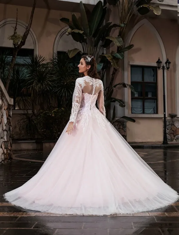 Customize Wedding Dress With Train A-Line Long Sleeves Satin Fabric Jewel Neck Bridal Gowns