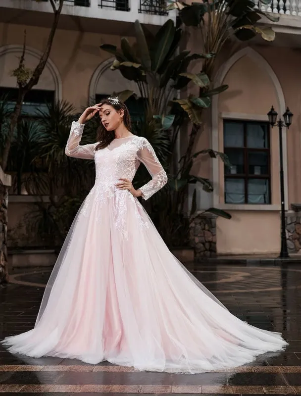 Customize Wedding Dress With Train A-Line Long Sleeves Satin Fabric Jewel Neck Bridal Gowns