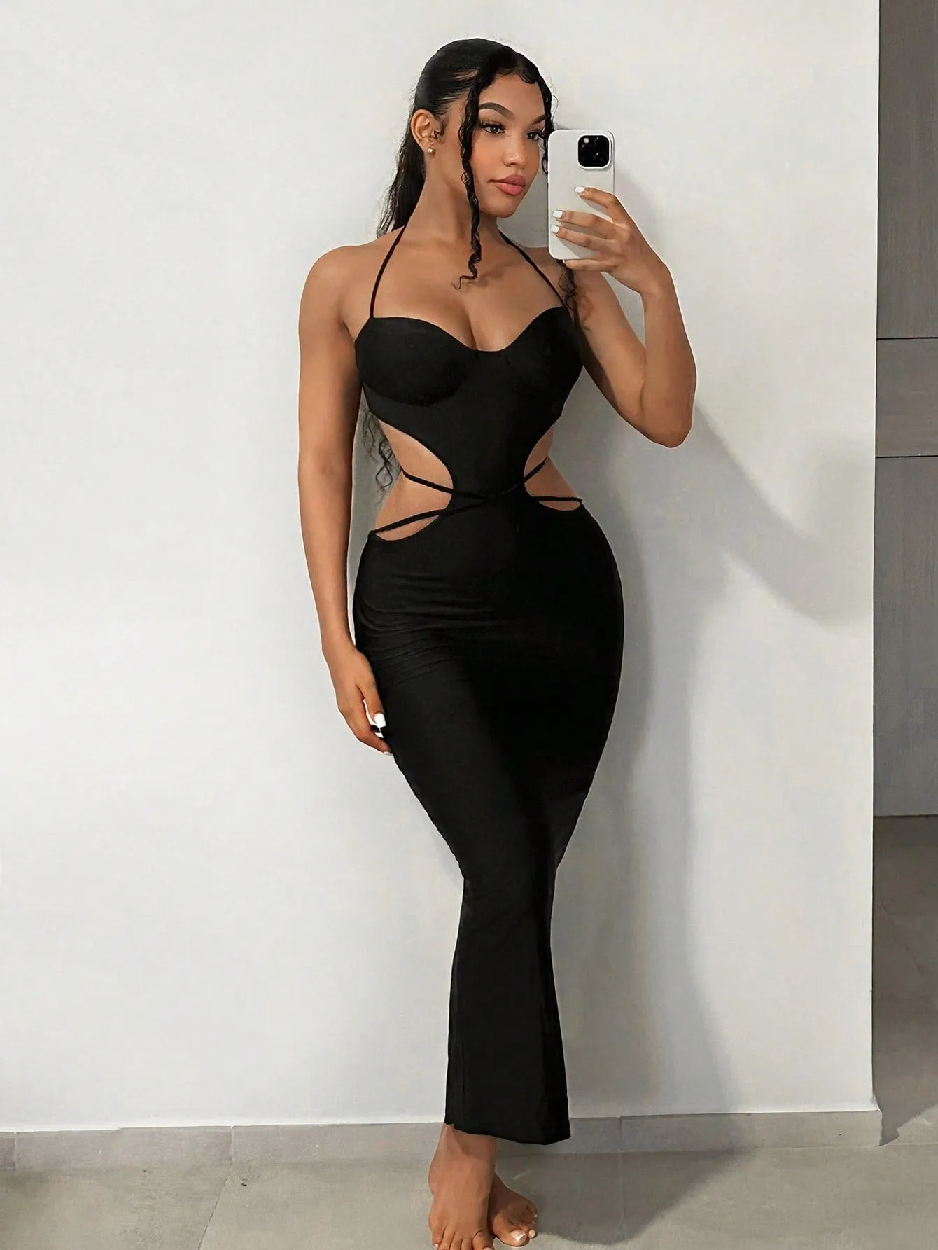 Cut Out Tie Backless Halter Bodycon Dress