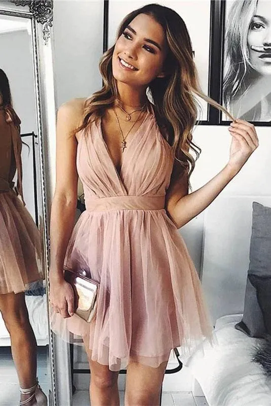 Cute V Neck Above Knee Pink Ruffles Tulle Short Prom Dresses Homecoming Dresses