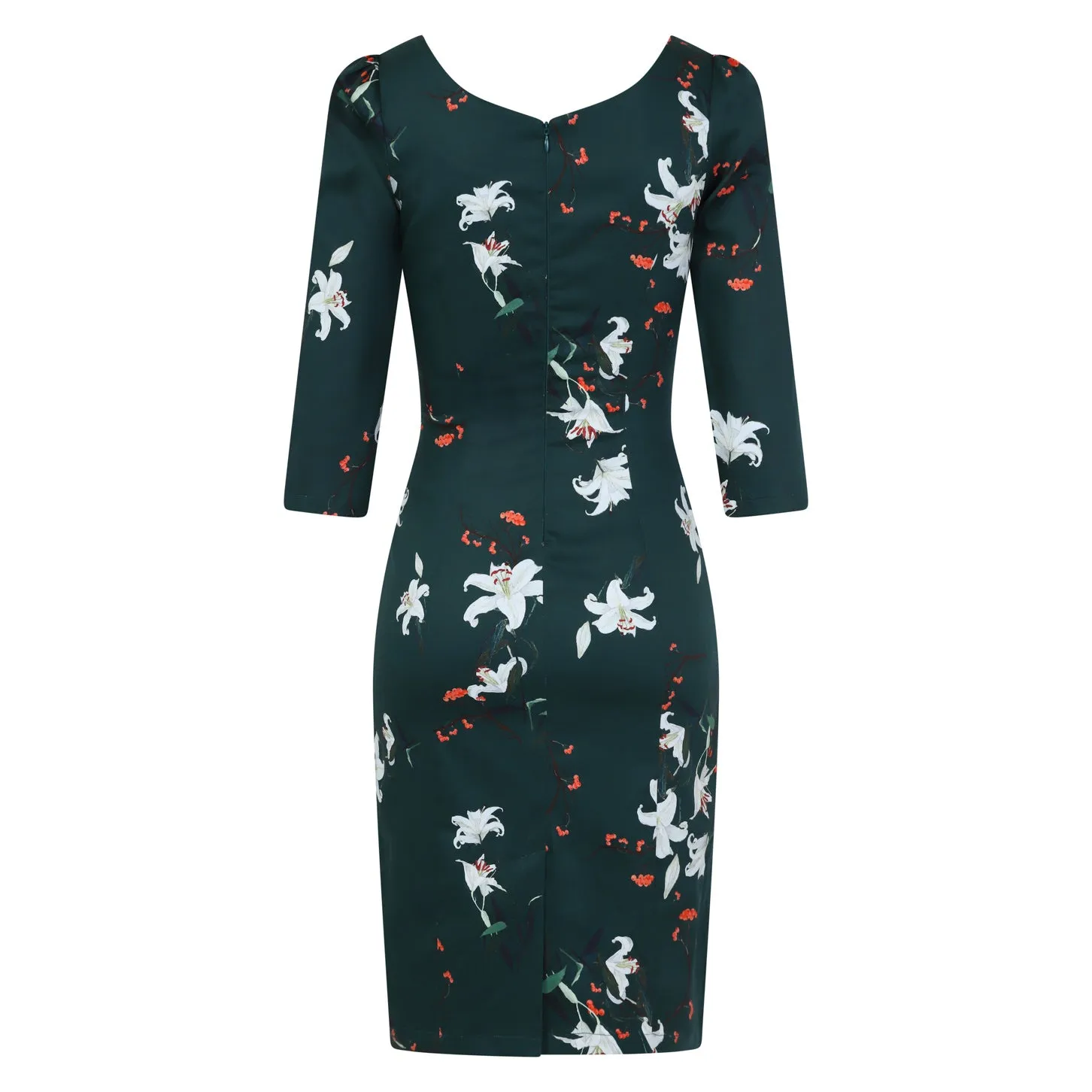 Dark Green Floral Print 3/4 Sleeve Empire Waist Pencil Wiggle Dress