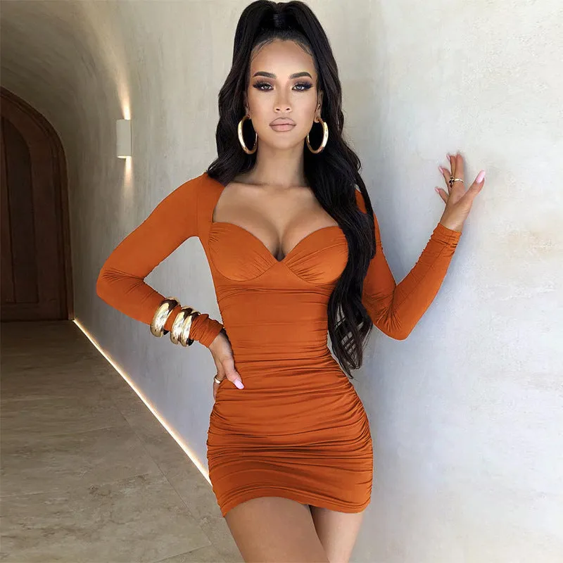 Deep V-neck Ruched Mini Dress