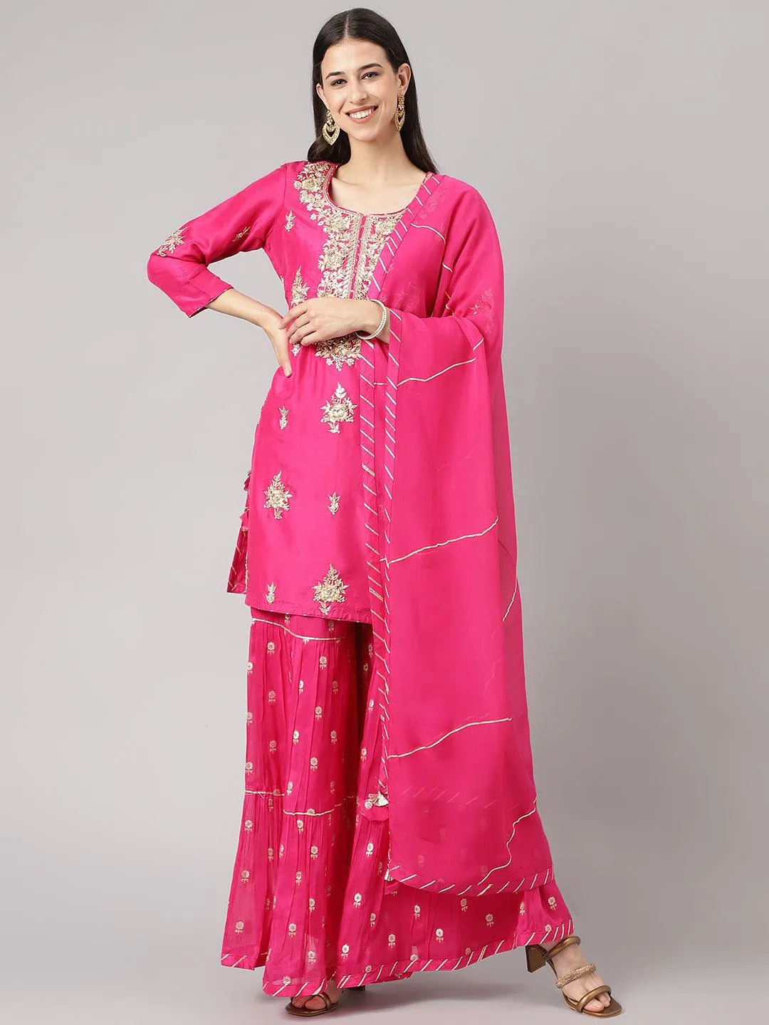 Divena Dark Pink russian silk Hand embroidery Kurta Sharara with Organza dupatta