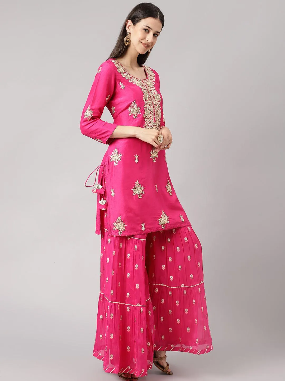 Divena Dark Pink russian silk Hand embroidery Kurta Sharara with Organza dupatta