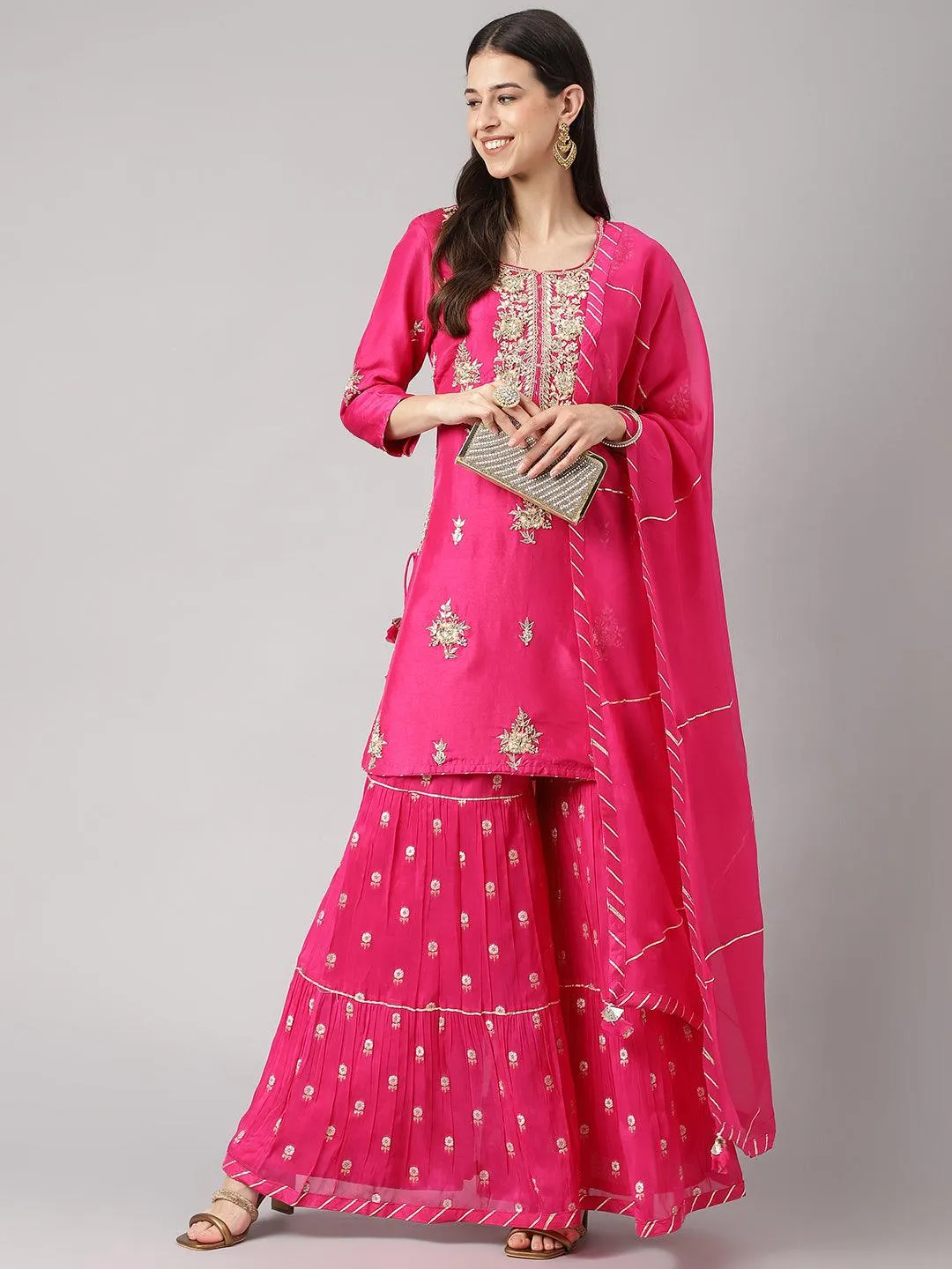 Divena Dark Pink russian silk Hand embroidery Kurta Sharara with Organza dupatta