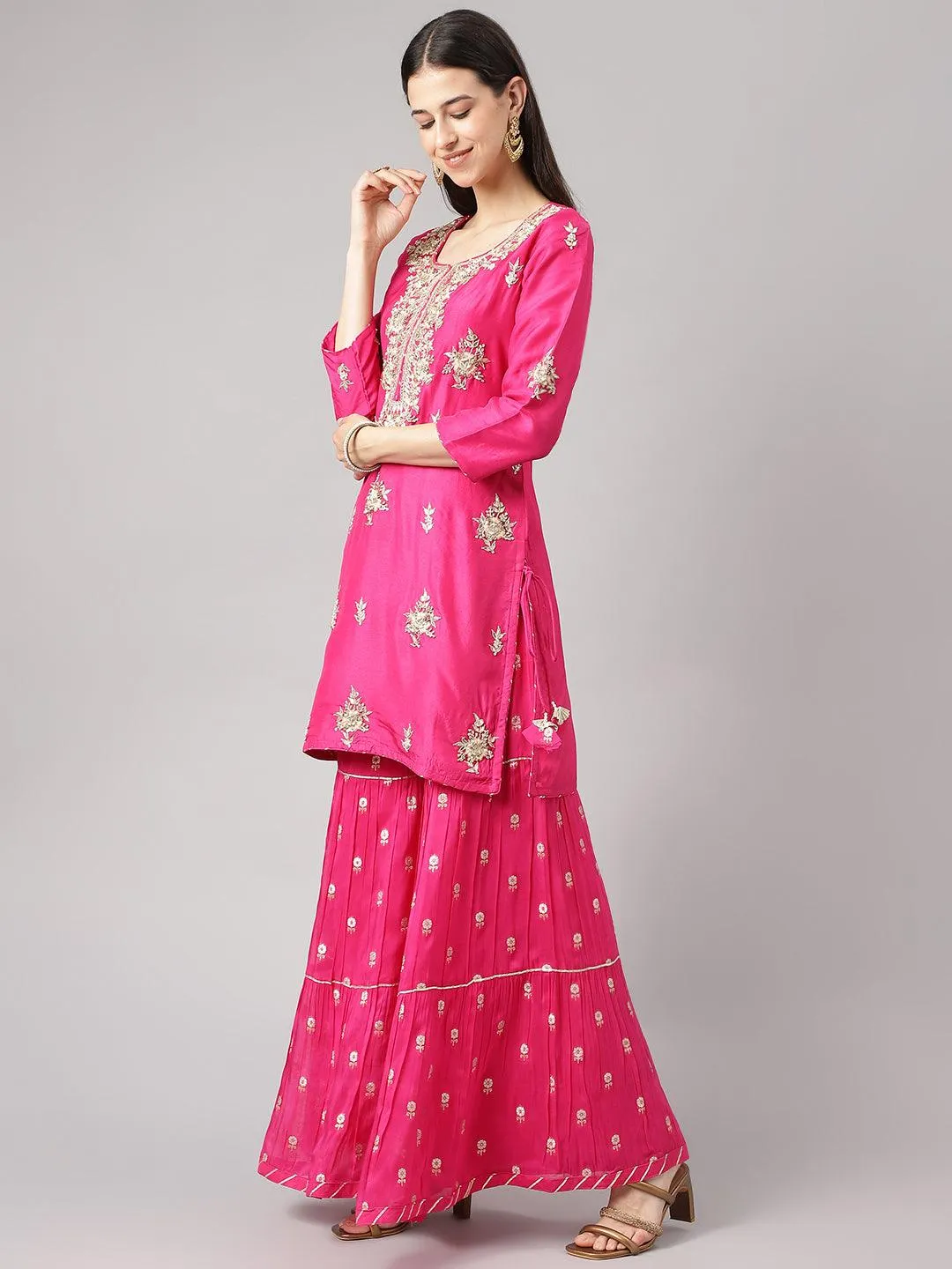 Divena Dark Pink russian silk Hand embroidery Kurta Sharara with Organza dupatta