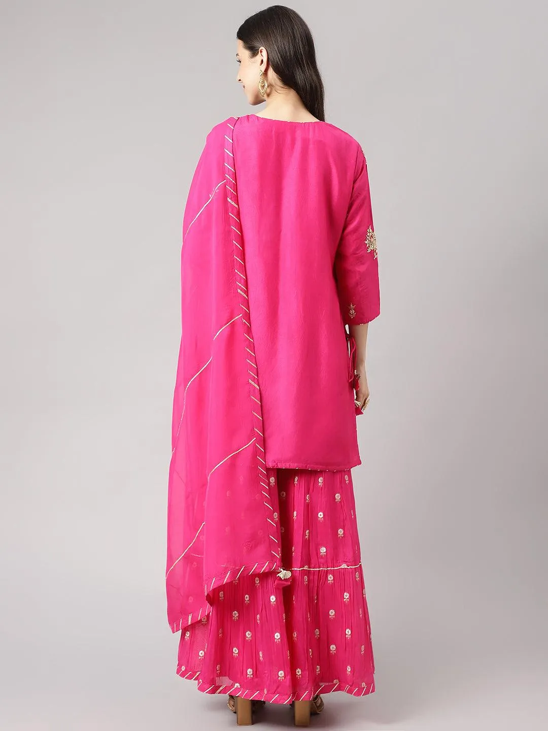 Divena Dark Pink russian silk Hand embroidery Kurta Sharara with Organza dupatta