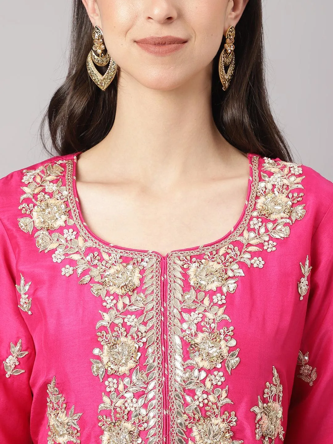 Divena Dark Pink russian silk Hand embroidery Kurta Sharara with Organza dupatta