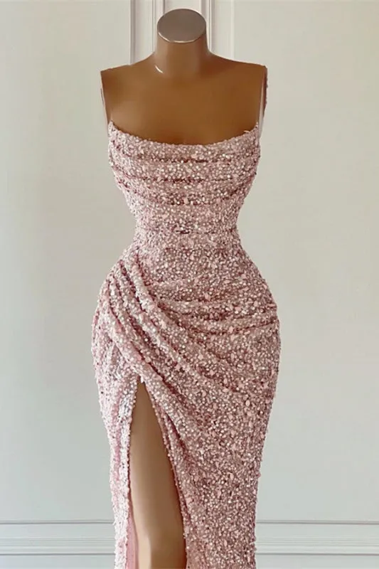 Dreamy Dusty Pink Sequined Mermaid Prom Gown - Sleeveless with Square Neckline and Dramatic Slit