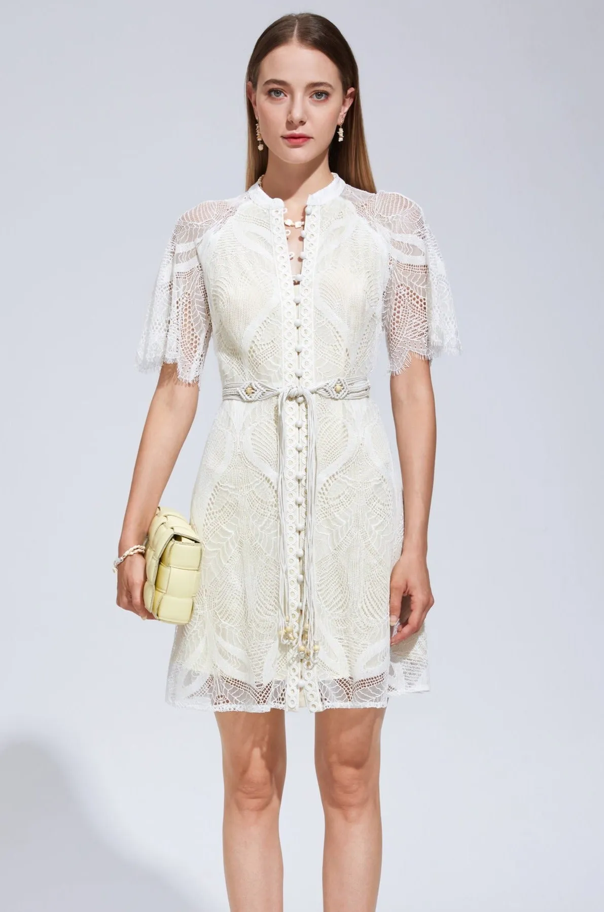 Ella Lace Mini Dress - White/Cream