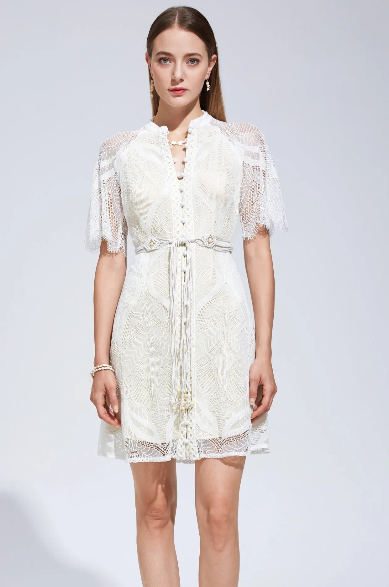 Ella Lace Mini Dress - White/Cream