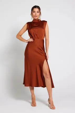 Elle Satin Midi Dress - Rust